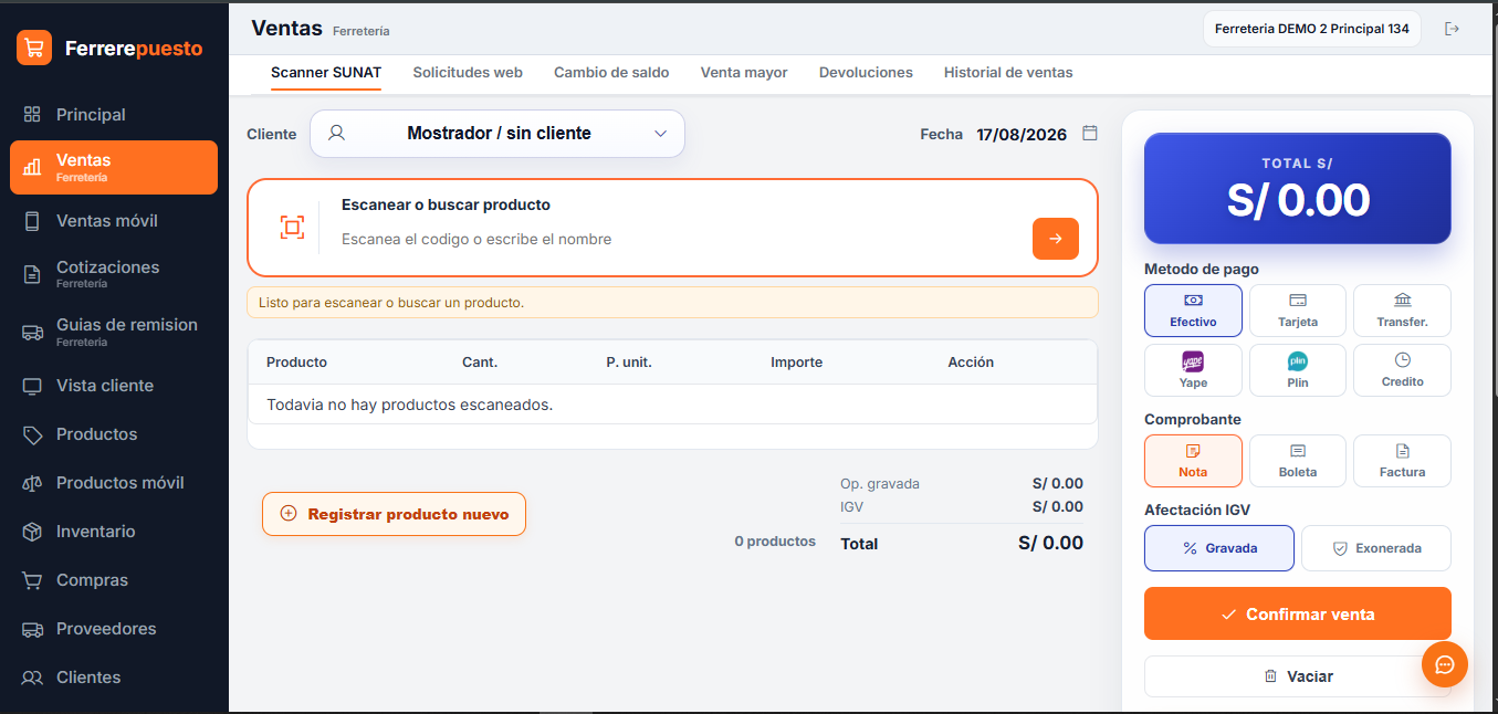 Módulo de ventas Aionvex con Scanner SUNAT, medios de pago y selección de comprobantes